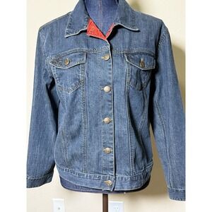 Chico's Blue Denim Jacket Woman Size 1 Medium Embellished Back Sequin Beads Boho